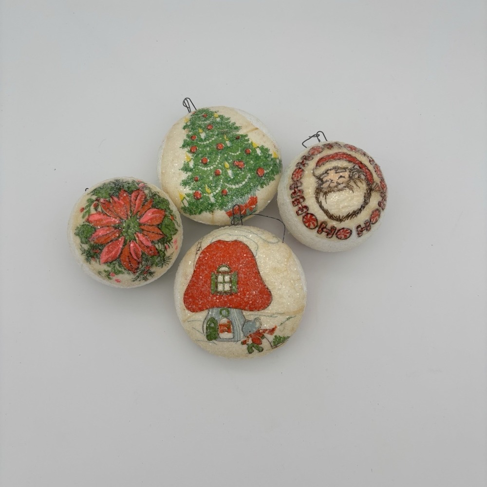 VTG Sugar Coated Frosted Christmas Tree Ornaments 4 Balls Santa Poinsettias